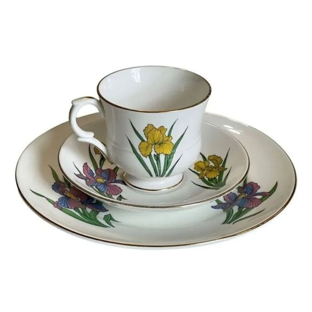 Staffordshire Fine Bone China Iris Teacup Saucer Side Plate Trio England Vintage
